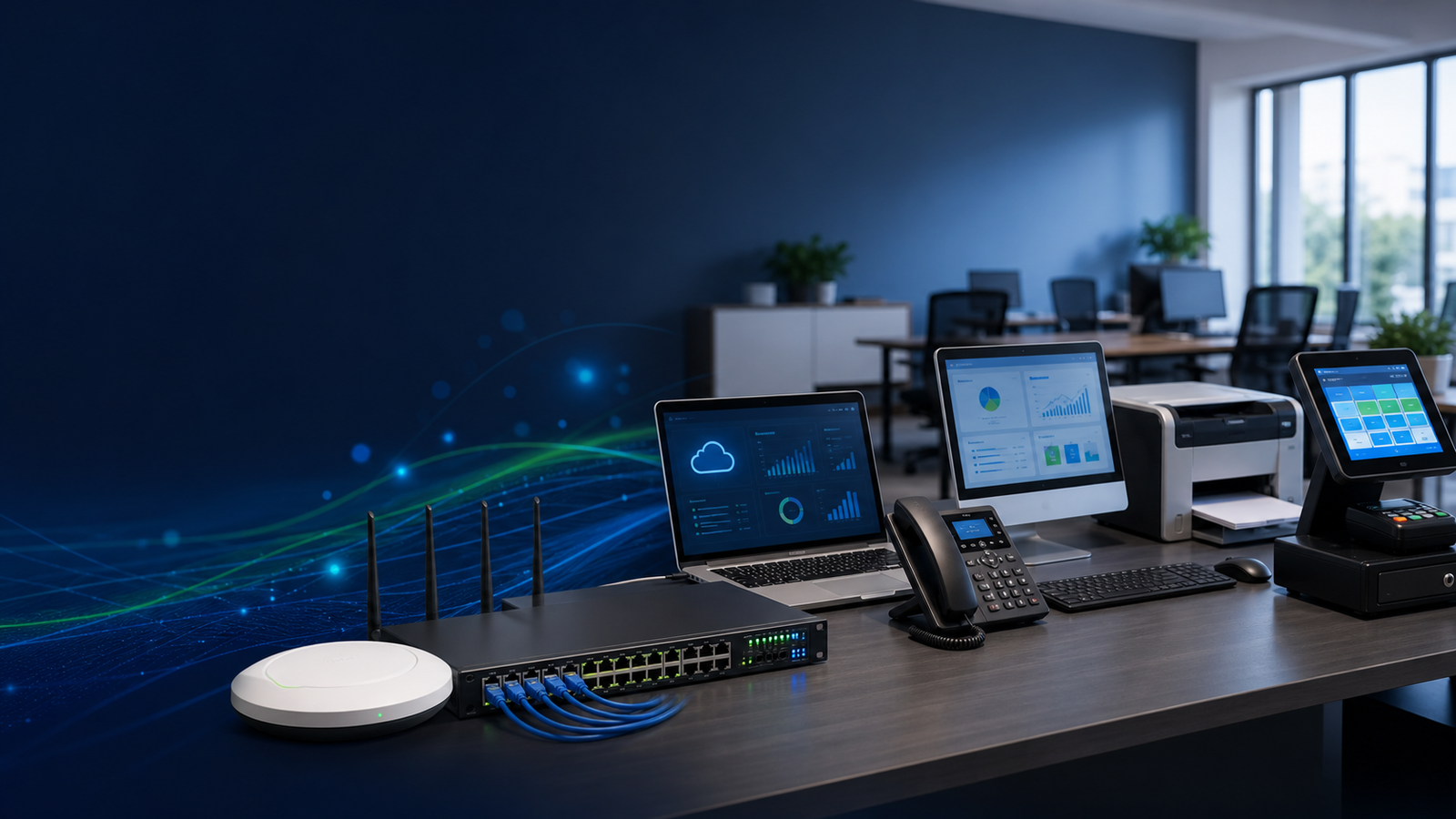 Modern business IT workspace with laptop, network equipment, printer and point of sale support